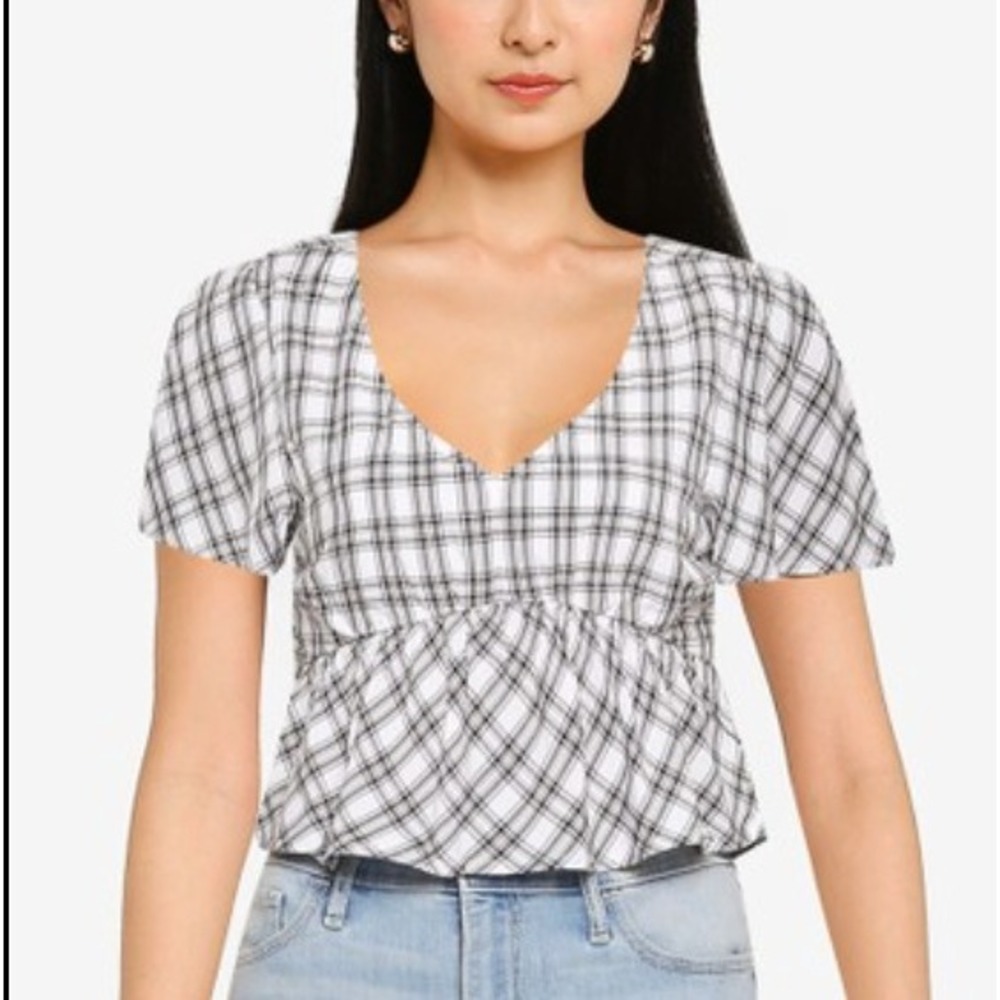Hollister Womens Plaid Peplum V Neck Short Sleeve‎ Top Medium Black White